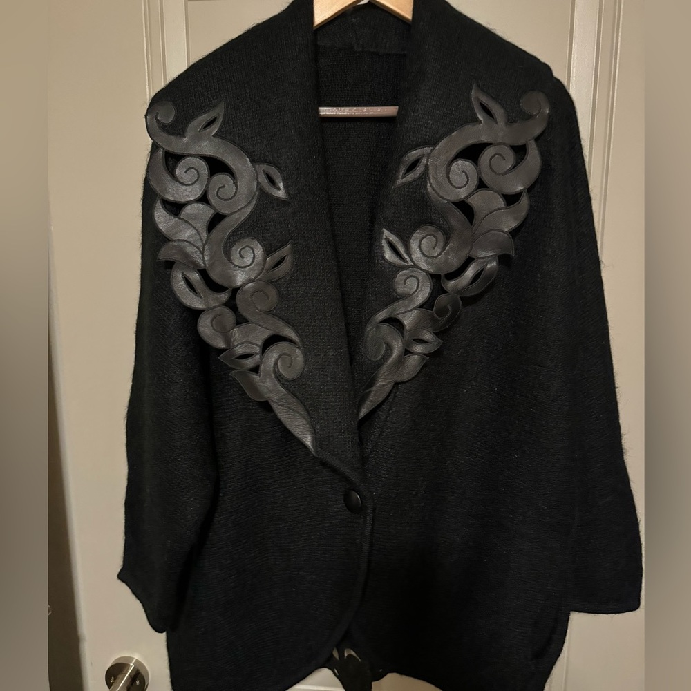 Black Kid Mohair Cardigan with leather detailing